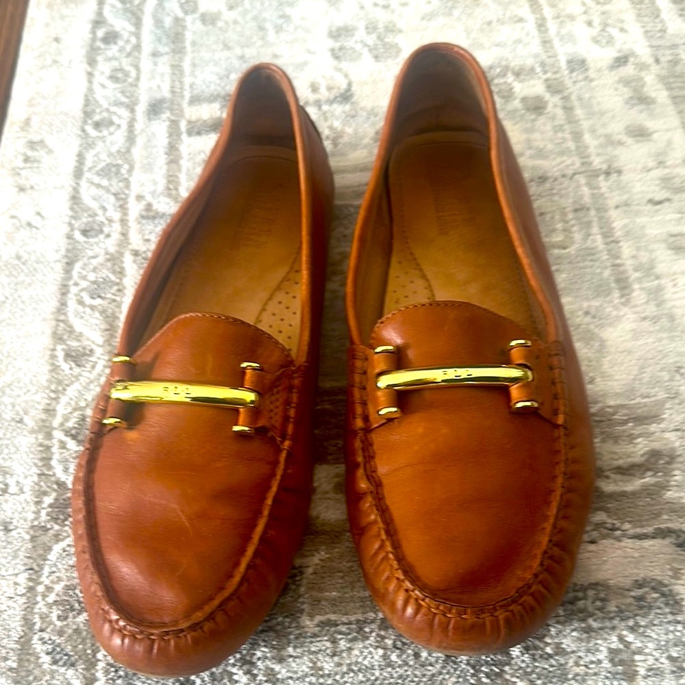 Ralph Lauren Double RL Brown Leather Loafers with Gold Hardware